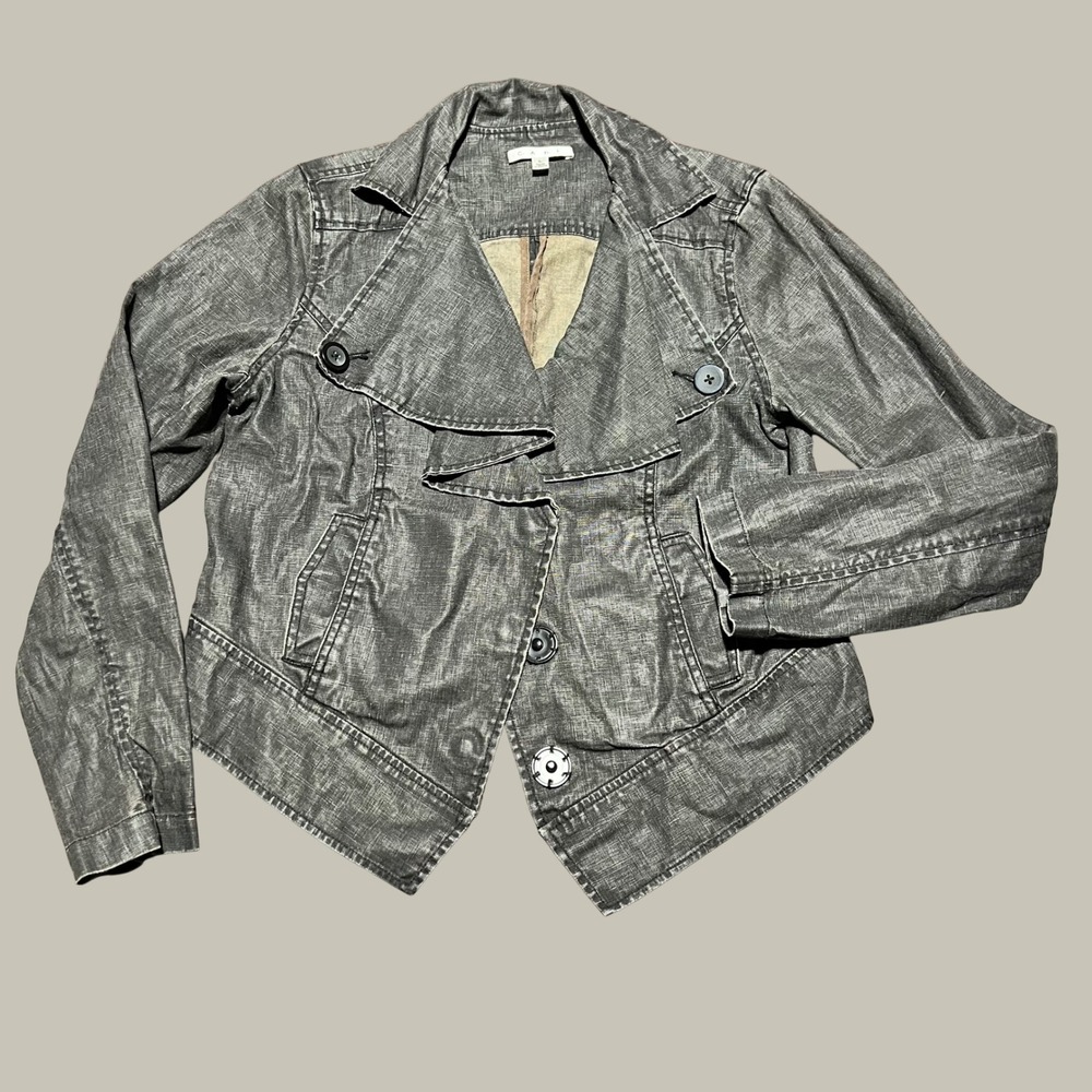Cabi Womens Gray 100% Linen Asymmetrical Double Breasted Crop Jacket Size L 901